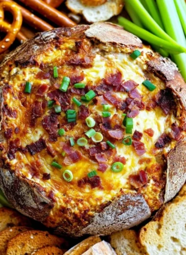 Delicious Baked Bacon Cheese Dip served in a dish, perfect for appetizers.
