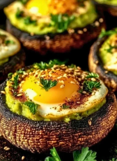 Avocado and egg stuffed portobello mushrooms topped with herbs