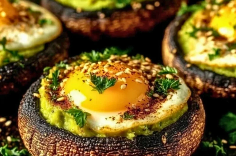 Avocado and egg stuffed portobello mushrooms topped with herbs