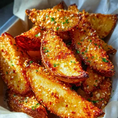 Baked garlic parmesan potato wedges served on a plate