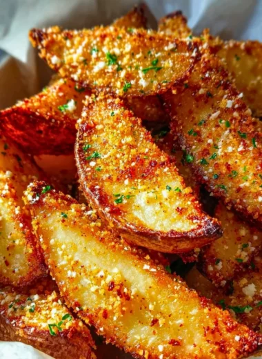 Baked garlic parmesan potato wedges served on a plate