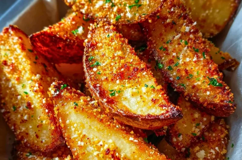 Baked garlic parmesan potato wedges served on a plate