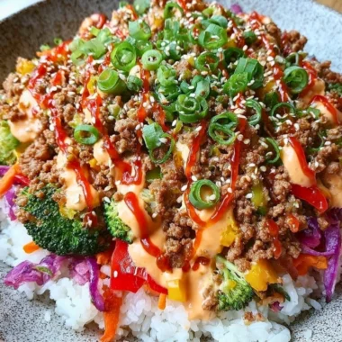 Bang Bang Ground Turkey Rice Bowl with vegetables and spices