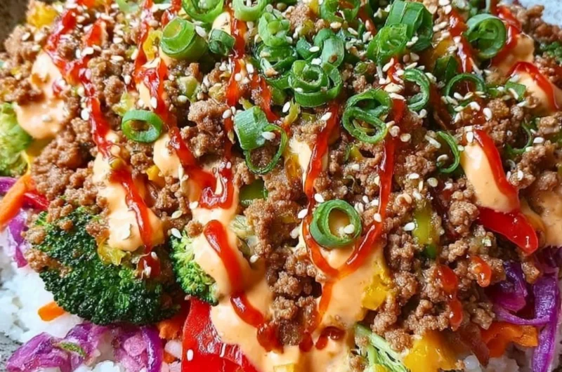 Bang Bang Ground Turkey Rice Bowl with vegetables and spices