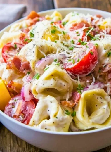 Colorful and delicious Best Grinder Tortellini Salad served in a bowl