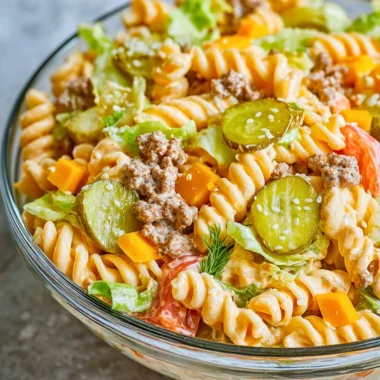 Big Mac Pasta Salad featuring pasta, lettuce, cheese, and burger flavors