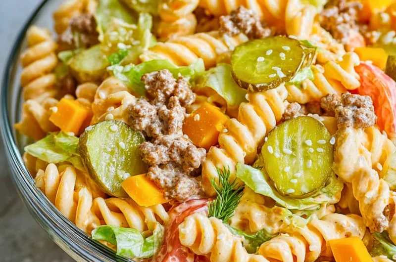 Big Mac Pasta Salad featuring pasta, lettuce, cheese, and burger flavors