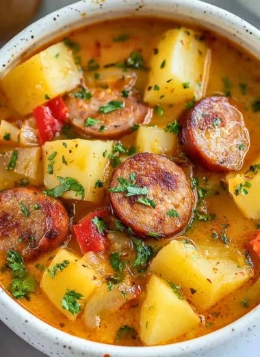 Bowl of creamy Cajun Potato Soup garnished with herbs and spices