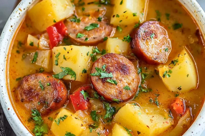 Bowl of creamy Cajun Potato Soup garnished with herbs and spices