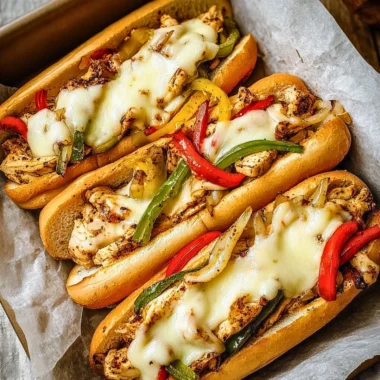 Delicious Chicken Philly Cheese Steaks served with melted cheese and peppers