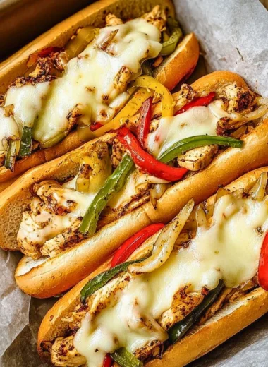 Delicious Chicken Philly Cheese Steaks served with melted cheese and peppers