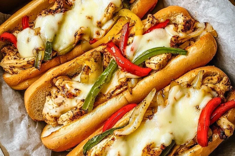 Delicious Chicken Philly Cheese Steaks served with melted cheese and peppers
