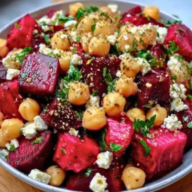 Chickpea salad with roasted beets and crumbled feta cheese on a plate