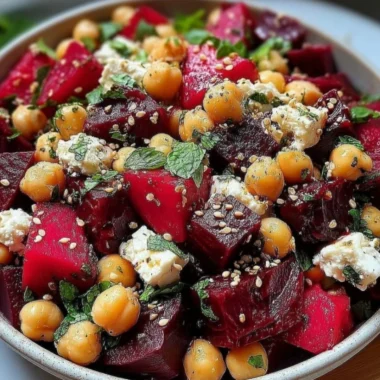 Chickpea, beet, and feta salad in a bowl with fresh herbs.