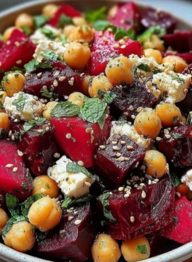 Chickpea, beet, and feta salad in a bowl with fresh herbs.