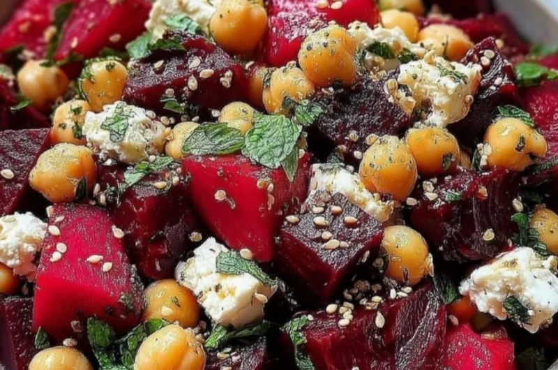 Chickpea, beet, and feta salad in a bowl with fresh herbs.
