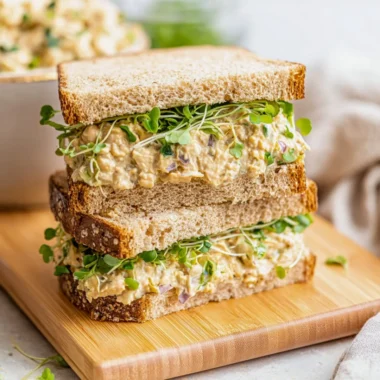 Chickpea salad sandwich served on whole grain bread with fresh veggies