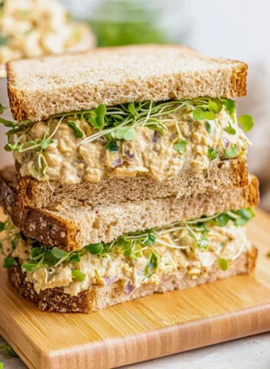 Chickpea salad sandwich served on whole grain bread with fresh veggies