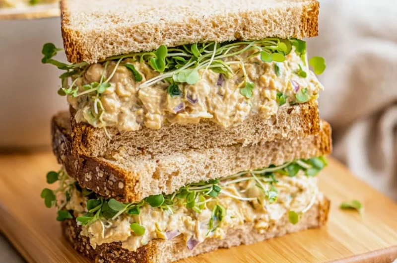 Chickpea salad sandwich served on whole grain bread with fresh veggies