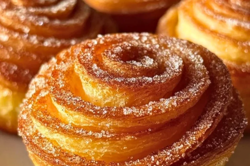 Freshly baked Churro Cruffins coated with cinnamon sugar and drizzled with chocolate