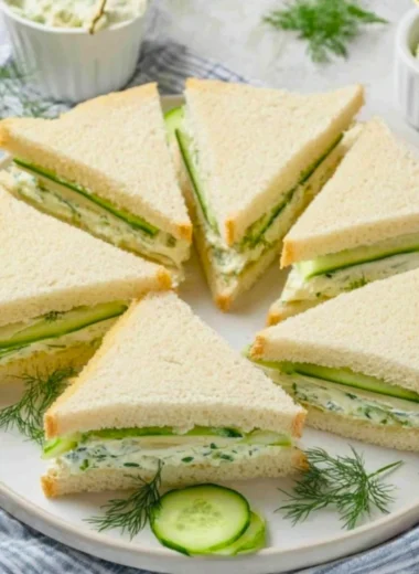 Classic cucumber sandwiches with fresh cucumber slices and cream cheese on bread.