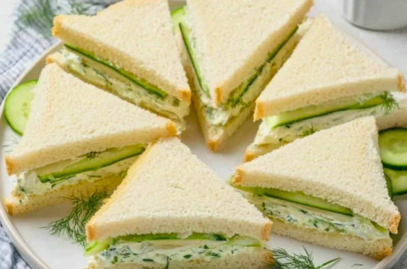Classic cucumber sandwiches with fresh cucumber slices and cream cheese on bread.
