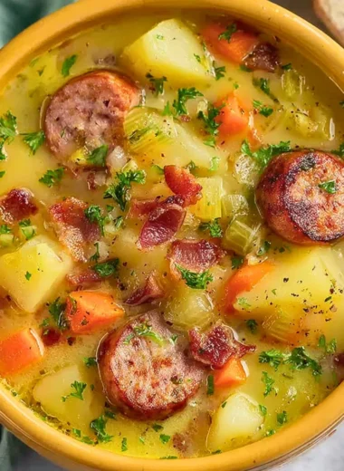 Bowl of classic German potato soup with sausage, garnished with herbs