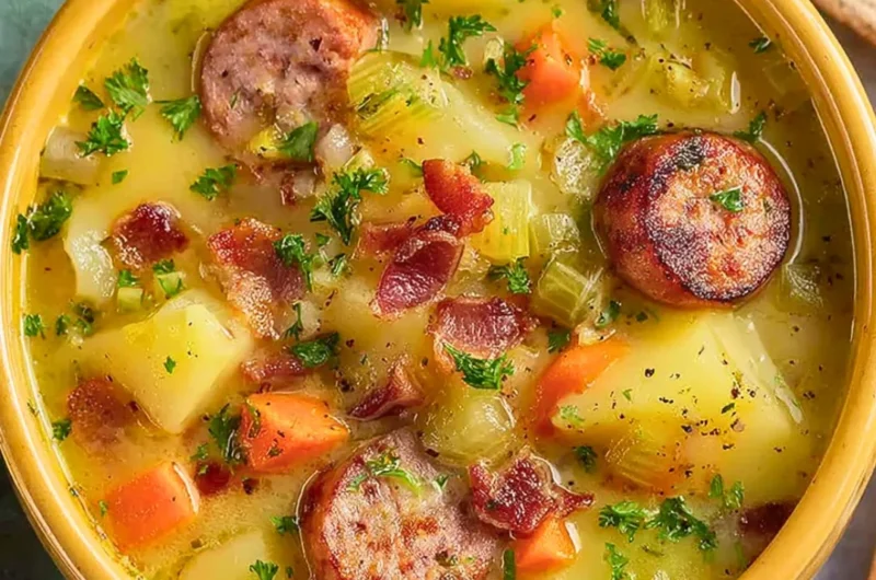 Bowl of classic German potato soup with sausage, garnished with herbs