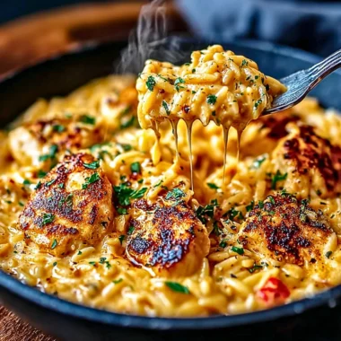 One-pot Cajun Chicken Alfredo orzo dish garnished with herbs