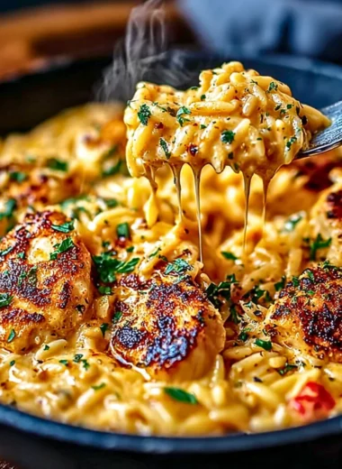 One-pot Cajun Chicken Alfredo orzo dish garnished with herbs