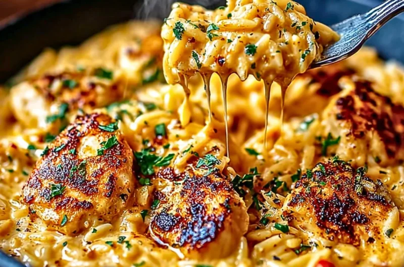 One-pot Cajun Chicken Alfredo orzo dish garnished with herbs