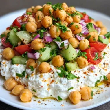 Colorful Cottage Cheese and Chickpeas Salad with fresh vegetables