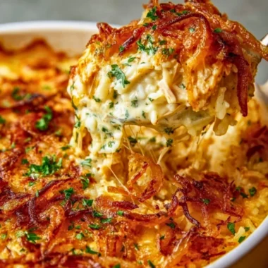 Creamy French onion chicken over rice served in a bowl