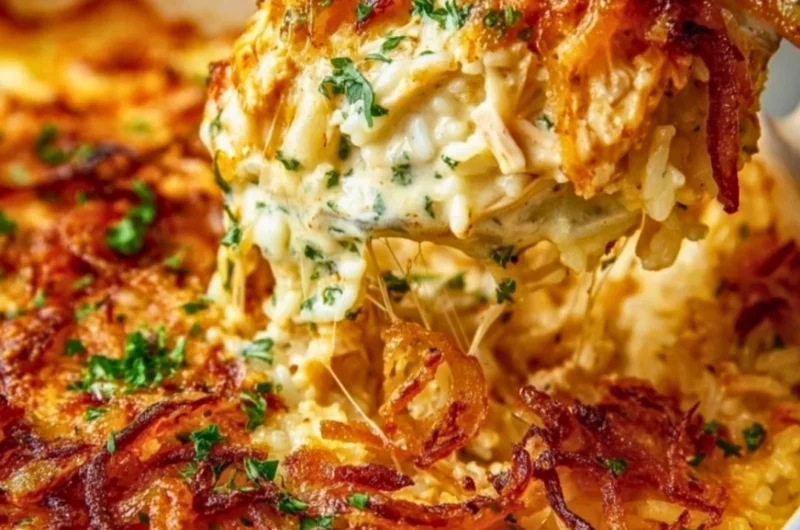 Creamy French onion chicken over rice served in a bowl