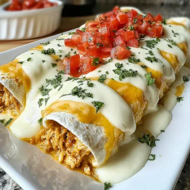 Creamy queso chicken enchiladas served on a plate