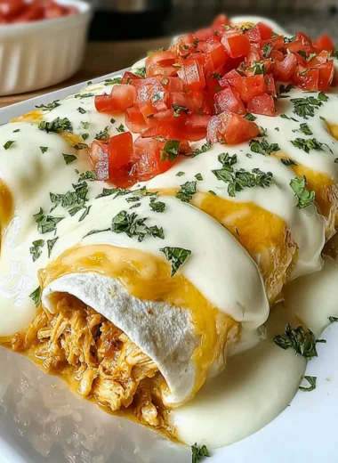 Creamy queso chicken enchiladas served on a plate