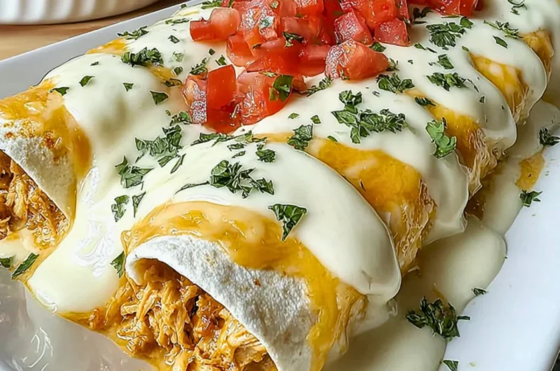 Creamy queso chicken enchiladas served on a plate
