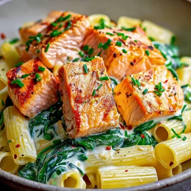 Creamy salmon pasta garnished with herbs in a bowl