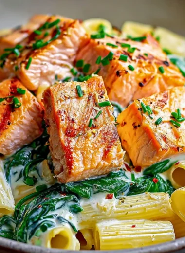 Creamy salmon pasta garnished with herbs in a bowl