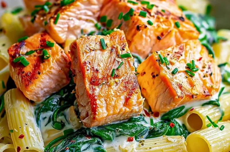 Creamy salmon pasta garnished with herbs in a bowl