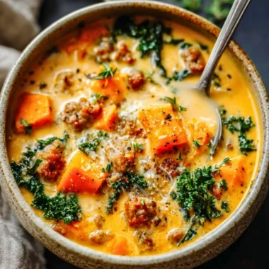 Bowl of creamy sweet potato and sausage soup garnished with herbs