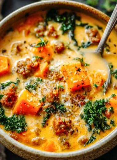 Bowl of creamy sweet potato and sausage soup garnished with herbs