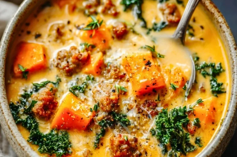 Bowl of creamy sweet potato and sausage soup garnished with herbs