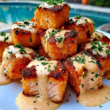 Crispy Bang Bang Salmon Bites served on a plate with dipping sauce
