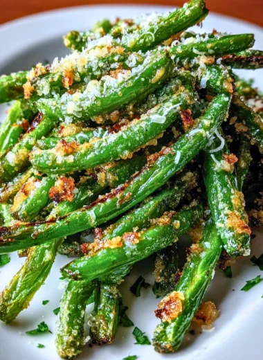 Crispy garlic parmesan roasted green beans served in a bowl