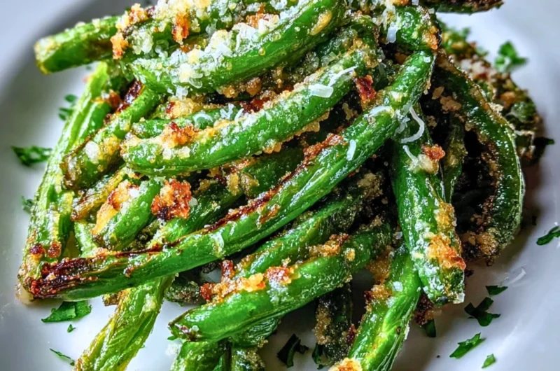 Crispy garlic parmesan roasted green beans served in a bowl