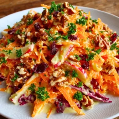Crunchy apple carrot salad topped with creamy citrus dressing