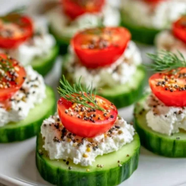 Cucumber Cottage Cheese Bites served on a plate with fresh herbs