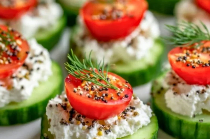 Cucumber Cottage Cheese Bites served on a plate with fresh herbs