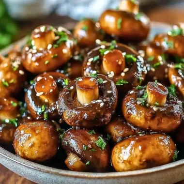 Plate of easy oven-roasted mushrooms with soy sauce and honey glaze